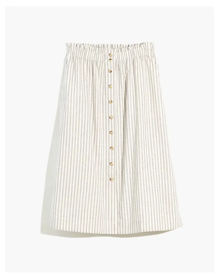 Women Striped Button Front Pull On Midi Skirt Hemp Vertical Stripe Plain Madewell Skirts