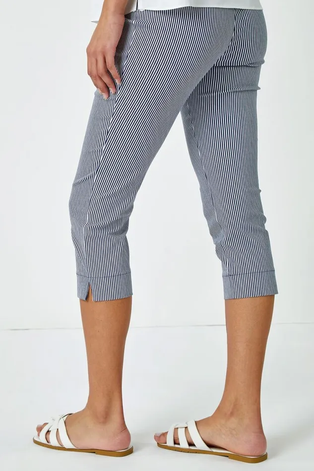 Women Striped Elastic Waist Stretch Cropped Trouser Roman Coords