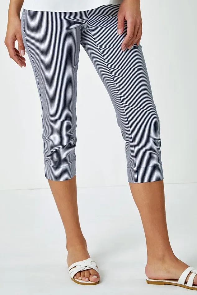 Women Striped Elastic Waist Stretch Cropped Trouser Roman Coords