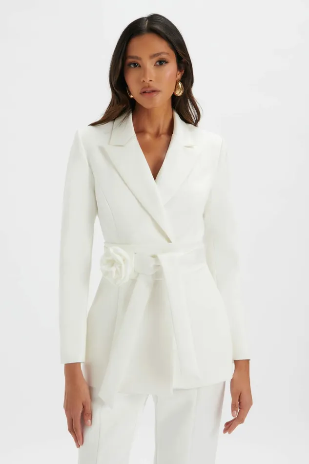 Women Suiting Lavish Alice JASMIN Obi Belt Satin Blazer With Flower Detail In White White