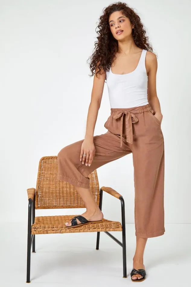 Women Tan Tie Detail Elastic Waist Cropped Culottes Roman Trousers