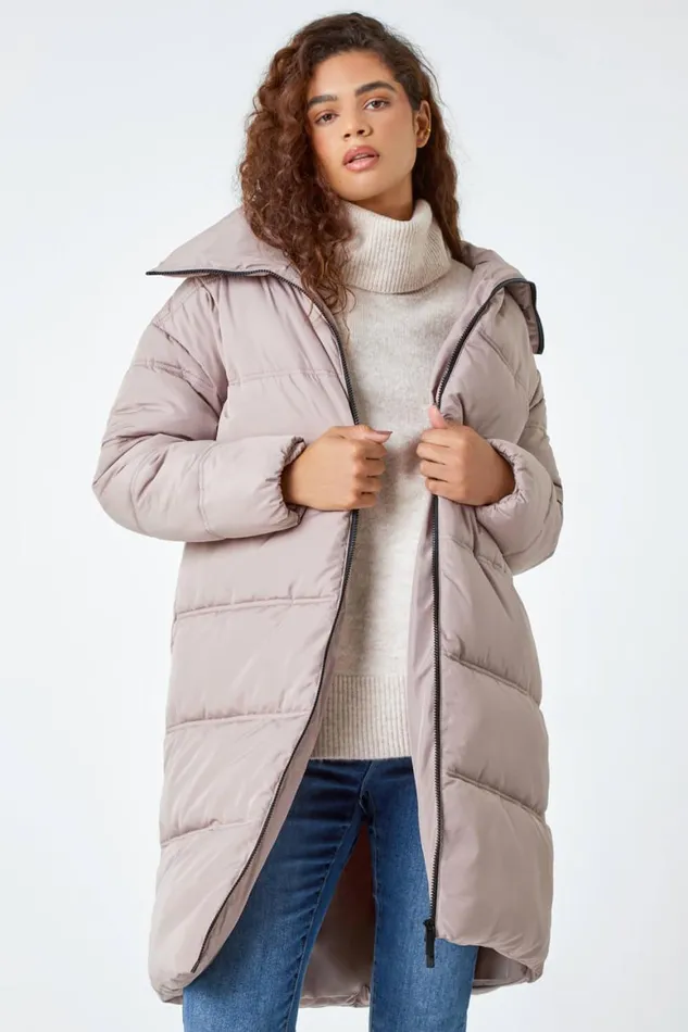 Women Taupe Longline Padded Coat Roman Coats