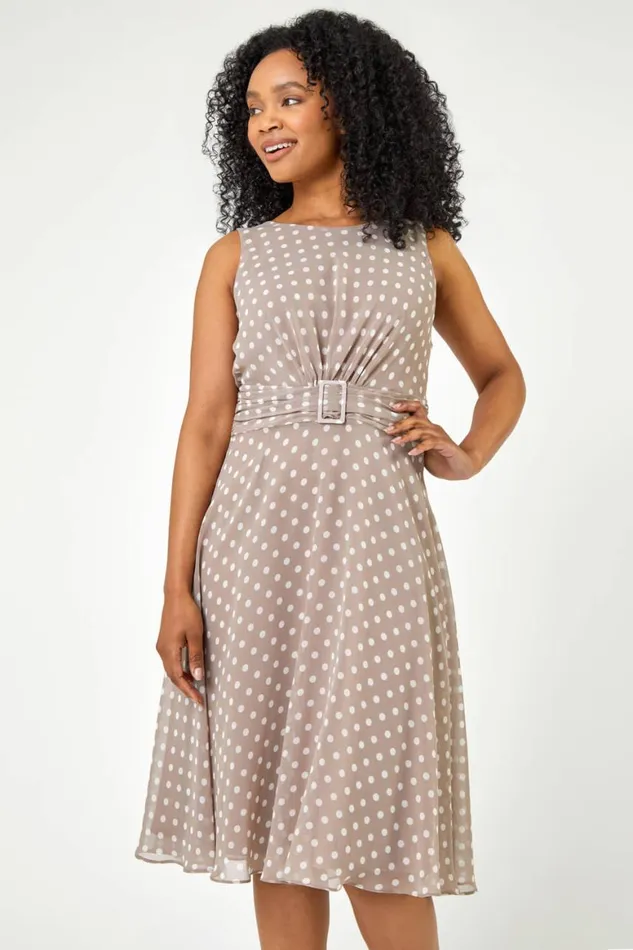 Women Taupe Petite Spot Print Buckle Detail Chiffon Dress Roman Dresses