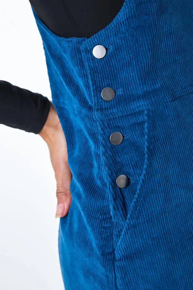 Women Teal Button Corduroy Pinafore Dress Roman Dresses