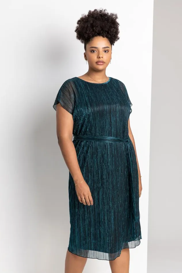 Women Teal Curve Metallic Plisse Midi Dress Roman Dresses