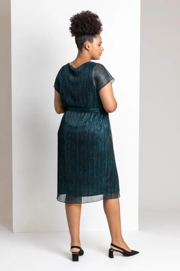 Women Teal Curve Metallic Plisse Midi Dress Roman Dresses