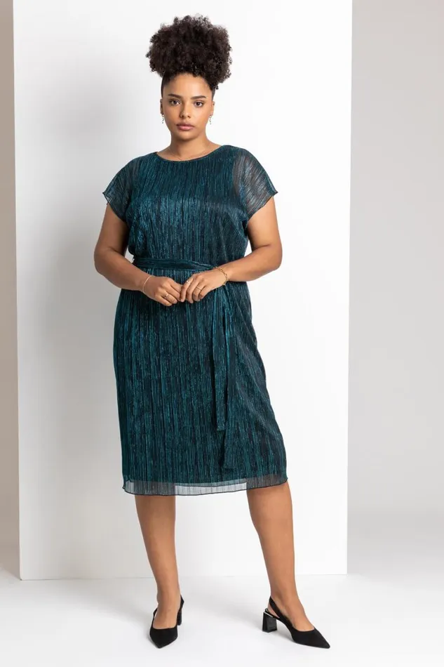 Women Teal Curve Metallic Plisse Midi Dress Roman Dresses