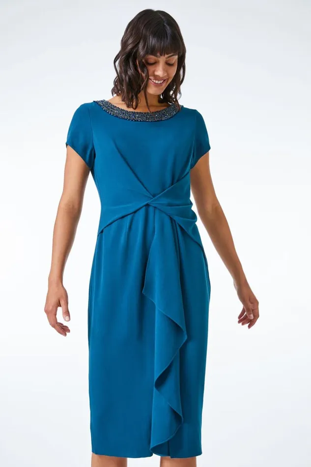 Women Teal Embellished Twist Waist Stretch Ruched Dress Roman Dresses