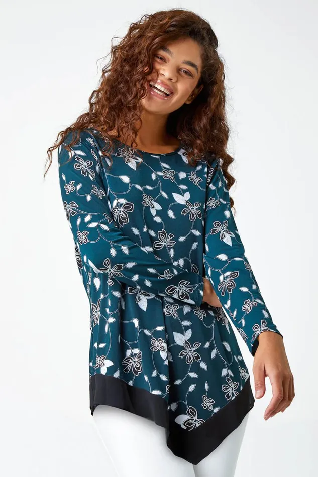 Women Teal Floral Print Chiffon Hem Stretch Top Roman Tops