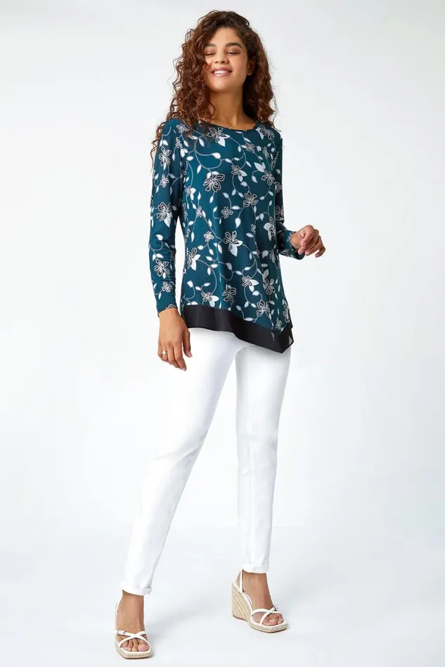 Women Teal Floral Print Chiffon Hem Stretch Top Roman Tops