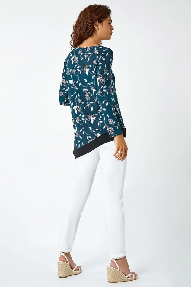 Women Teal Floral Print Chiffon Hem Stretch Top Roman Tops