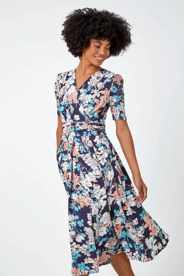 Women Teal Floral Print Ruched Waist Wrap Dress Roman Dresses