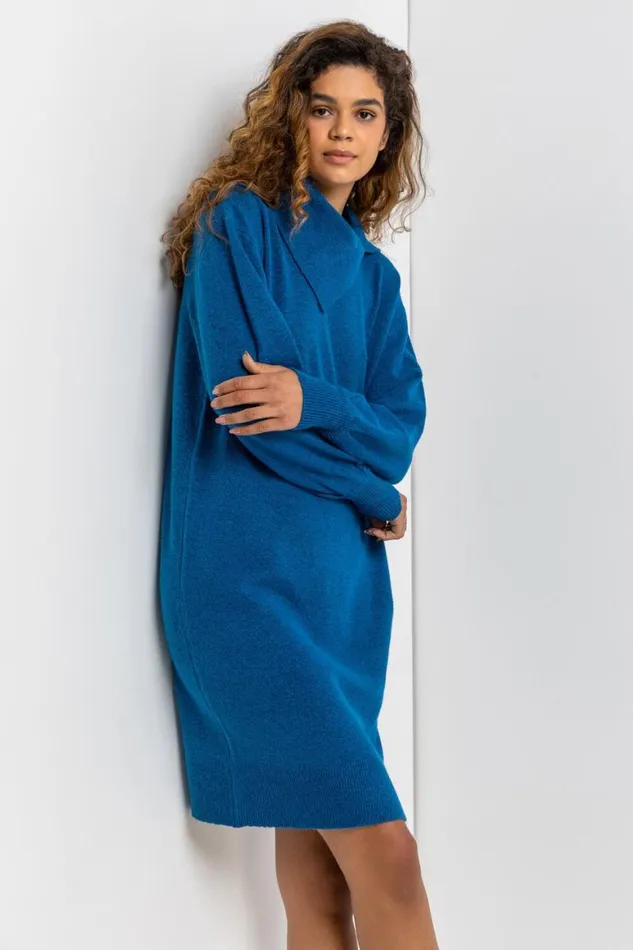 Women Teal Split Neck Ribbed Knit Dress Roman Dresses