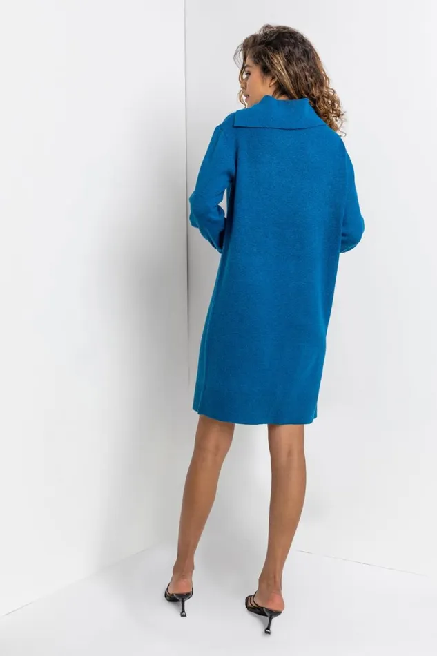Women Teal Split Neck Ribbed Knit Dress Roman Dresses