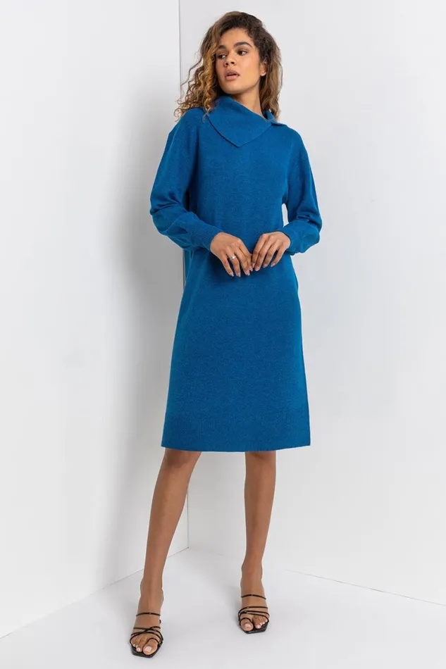 Women Teal Split Neck Ribbed Knit Dress Roman Dresses