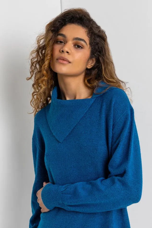 Women Teal Split Neck Ribbed Knit Dress Roman Dresses