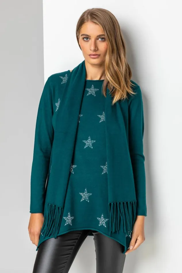 Women Teal Star Print Knitted Tunic Top With Tassel Scarf Roman Tops