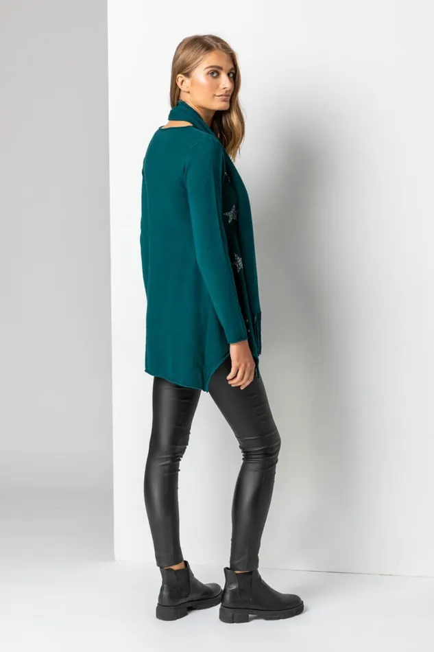 Women Teal Star Print Knitted Tunic Top With Tassel Scarf Roman Tops