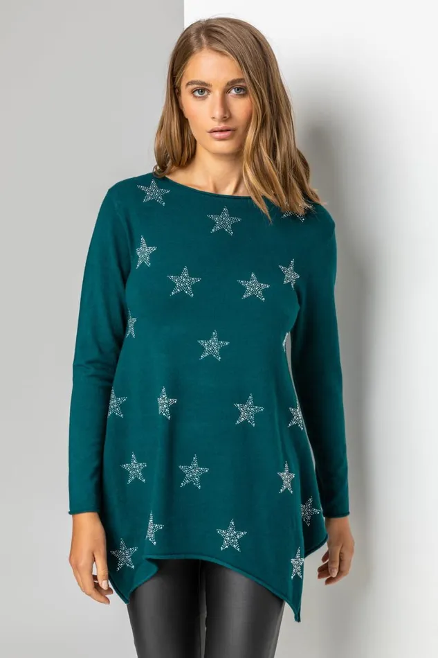 Women Teal Star Print Knitted Tunic Top With Tassel Scarf Roman Tops