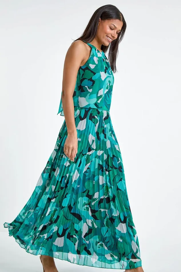 Women Teal Swirl Print Pleated Halterneck Maxi Dress Roman Dresses