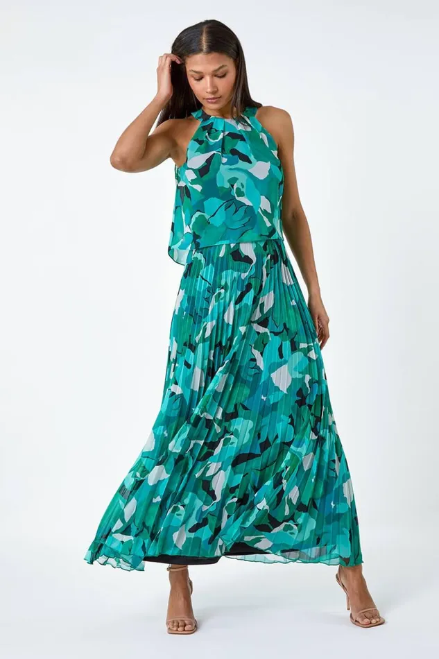 Women Teal Swirl Print Pleated Halterneck Maxi Dress Roman Dresses