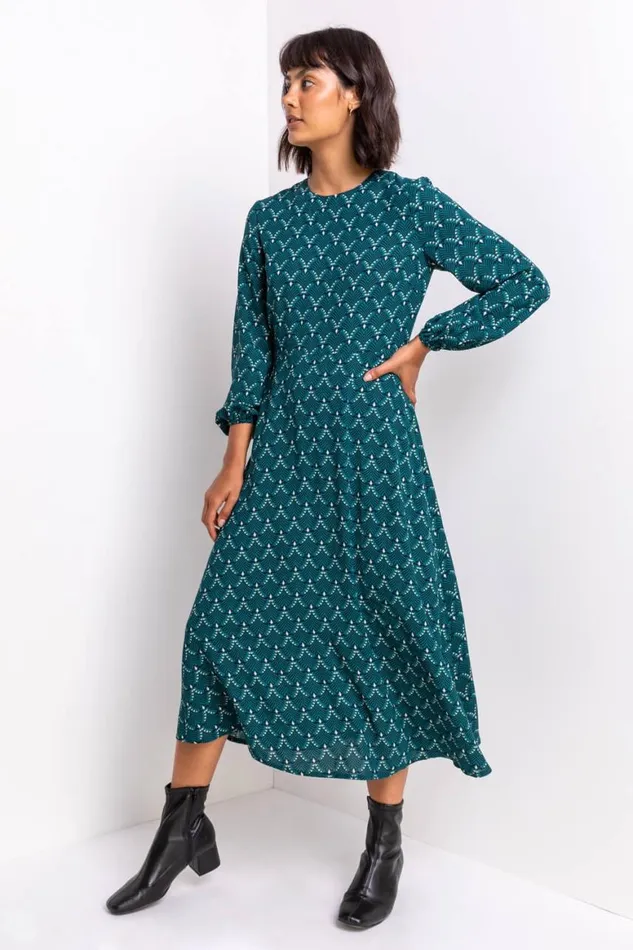Women Teal Tile Print Fit and Flare Midi Dress Roman Dresses