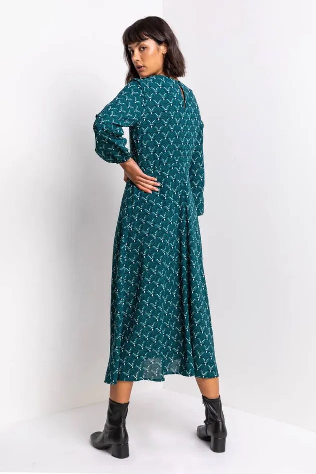 Women Teal Tile Print Fit and Flare Midi Dress Roman Dresses
