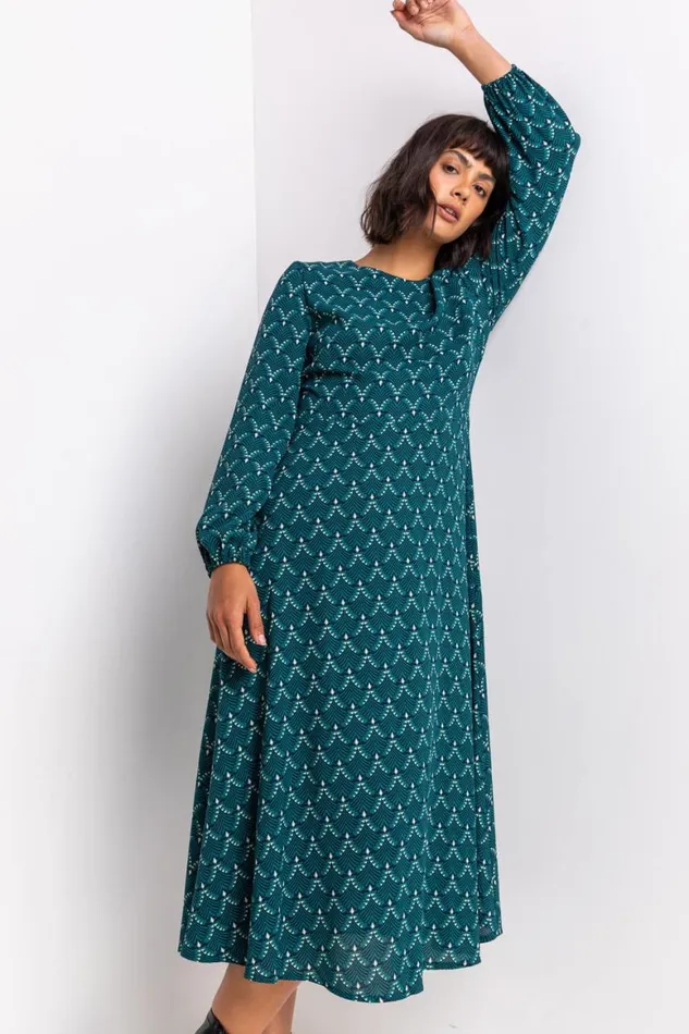 Women Teal Tile Print Fit and Flare Midi Dress Roman Dresses