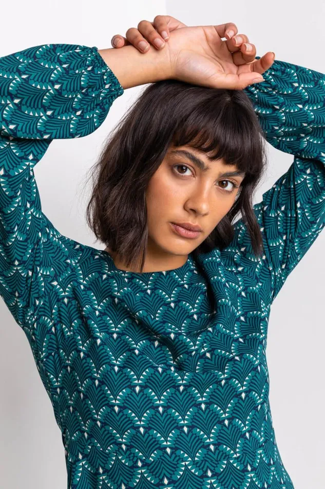 Women Teal Tile Print Fit and Flare Midi Dress Roman Dresses