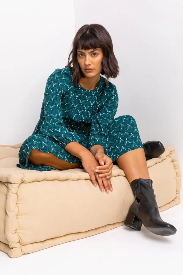 Women Teal Tile Print Fit and Flare Midi Dress Roman Dresses