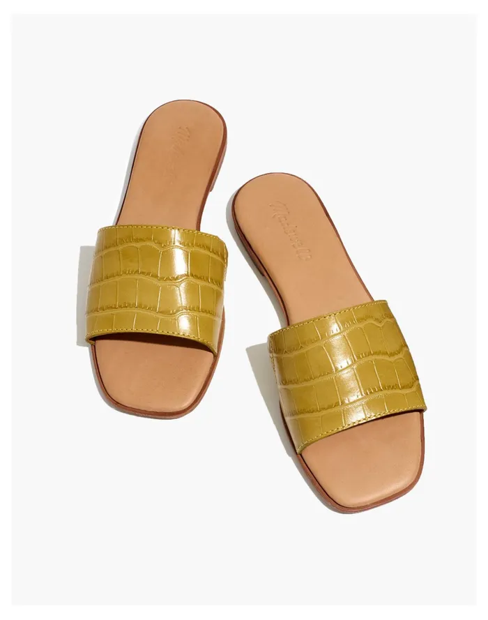 Women The Lianne Slide In Croc Embossed Leather Bronzed Lichen Madewell Sandals
