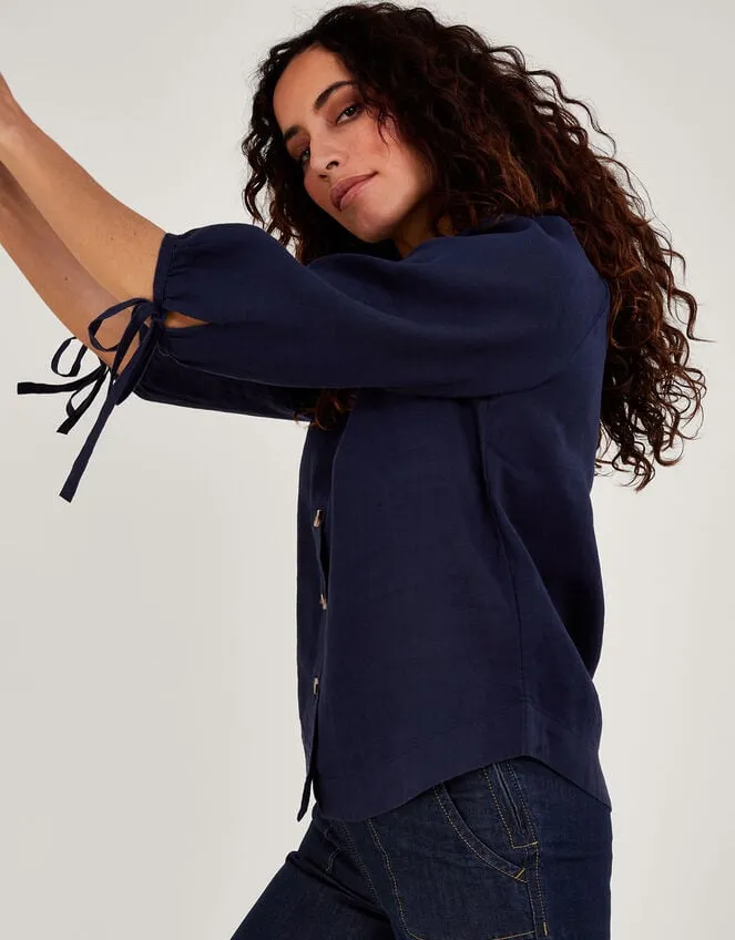 Women Tie Cuff Button Through Linen Blouse Blue Monsoon Tops and Blouses