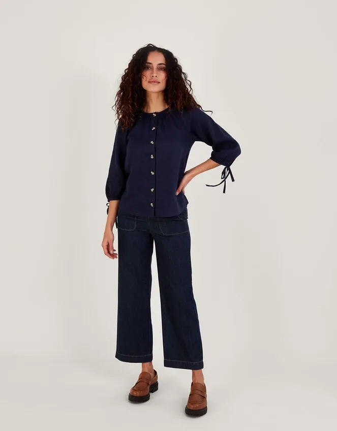 Women Tie Cuff Button Through Linen Blouse Blue Monsoon Tops and Blouses