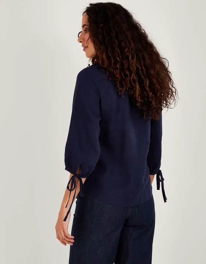 Women Tie Cuff Button Through Linen Blouse Blue Monsoon Tops and Blouses