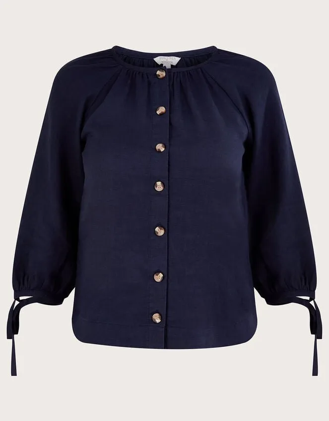Women Tie Cuff Button Through Linen Blouse Blue Monsoon Tops and Blouses
