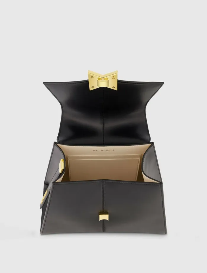 Women Top Handle Bags Mac Duggal Medium Angular Black Leather Handbag With Gold Hardware Black