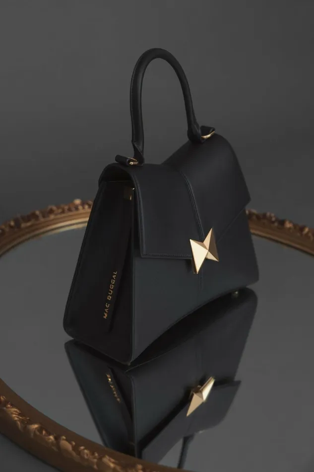 Women Top Handle Bags Mac Duggal Medium Angular Black Leather Handbag With Gold Hardware Black