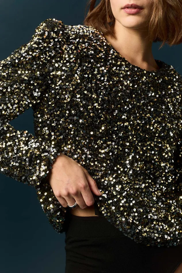 Women Top Jackson Comete Top Court Manches Longues Droit Sequins Noirs Des Petits Hauts Blouses Shirts and Tops