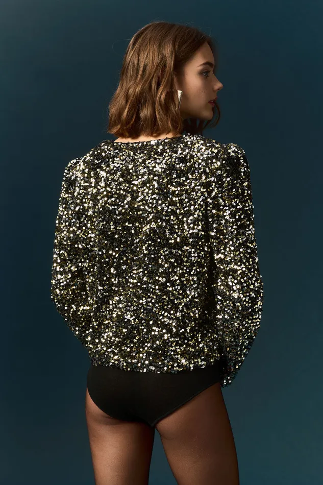 Women Top Jackson Comete Top Court Manches Longues Droit Sequins Noirs Des Petits Hauts Blouses Shirts and Tops
