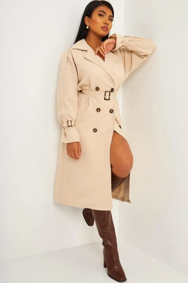 Women Trench Coat With Tie Waist Detail In Beige Beige Brentiny Paris Coats