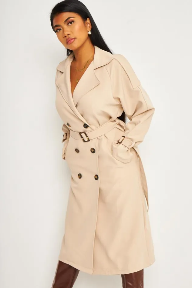 Women Trench Coat With Tie Waist Detail In Beige Beige Brentiny Paris Coats
