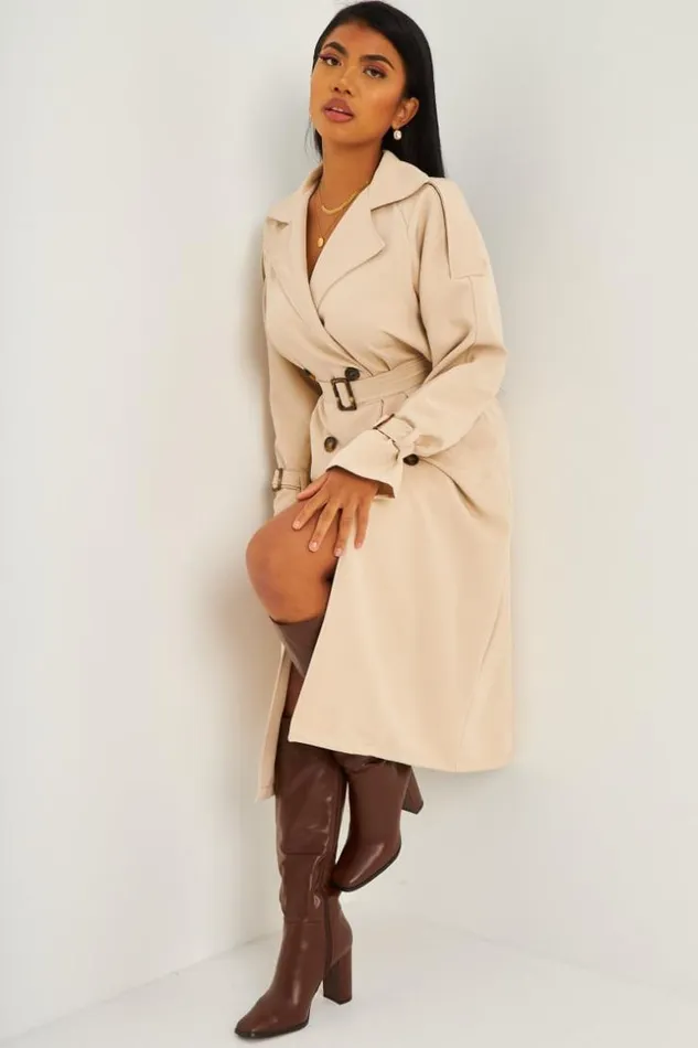 Women Trench Coat With Tie Waist Detail In Beige Beige Brentiny Paris Coats