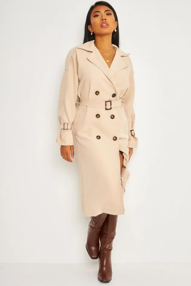 Women Trench Coat With Tie Waist Detail In Beige Beige Brentiny Paris Coats