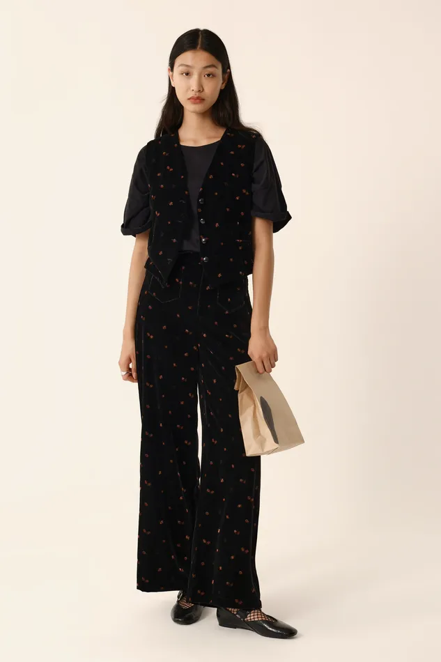 Women Trousers Timisti Bloom Pantalon Polyester Velours Noir Des Petits Hauts Trousers and Jumpsuits