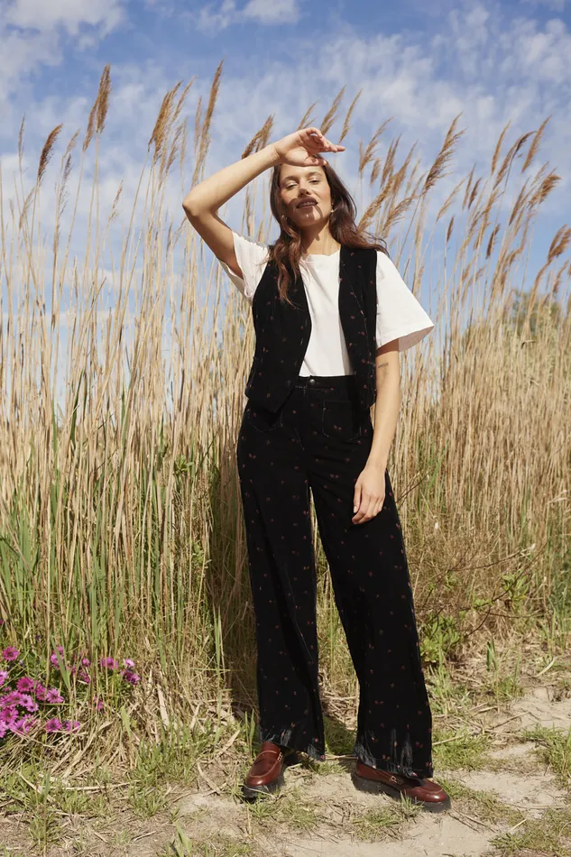 Women Trousers Timisti Bloom Pantalon Polyester Velours Noir Des Petits Hauts Trousers and Jumpsuits