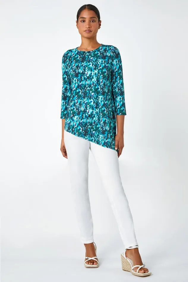 Women Turquoise Abstract Print Asymmetric Stretch Top Roman Tops