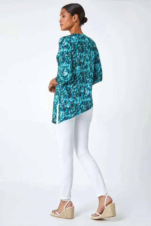Women Turquoise Abstract Print Asymmetric Stretch Top Roman Tops