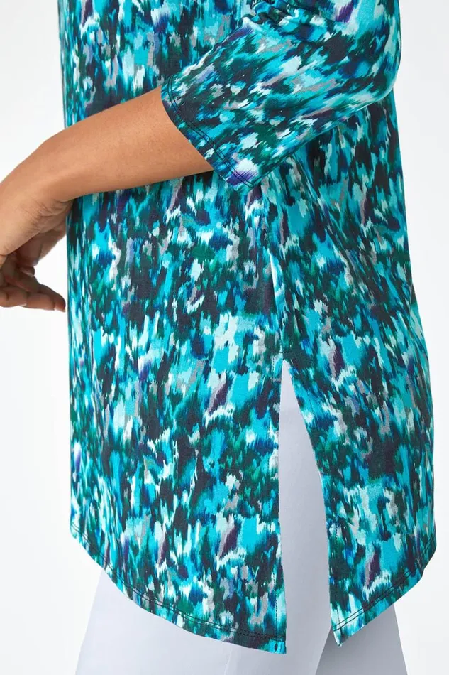 Women Turquoise Abstract Print Asymmetric Stretch Top Roman Tops