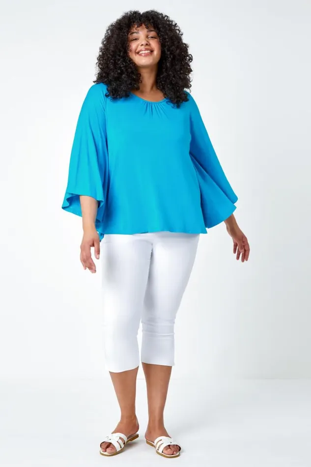 Women Turquoise Curve Stretch Jersey Cape Sleeve Top Roman Tops