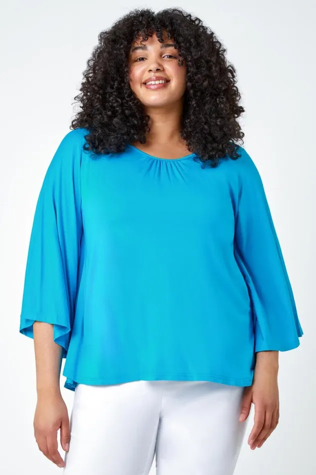 Women Turquoise Curve Stretch Jersey Cape Sleeve Top Roman Tops